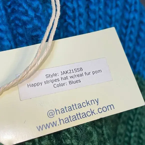 Hat Attack Happy Stripes Beanie Hat Blue Green Knit Faux Fur Pom-Pom OS Winter - Picture 7 of 9